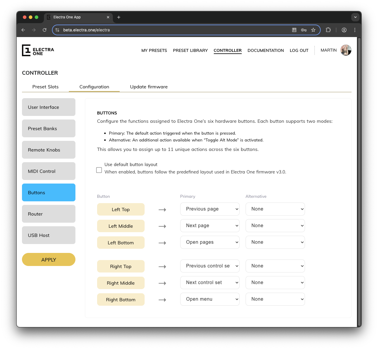 Controller configuration Buttons