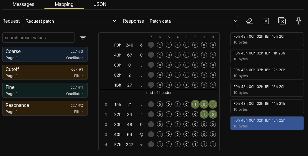 Patch Editor Captured message selected