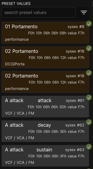 Sysex Editor values